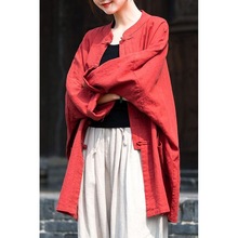 秋季长袖衬衫女春夏2025新款中长款复古民族风立领宽松棉麻上衣