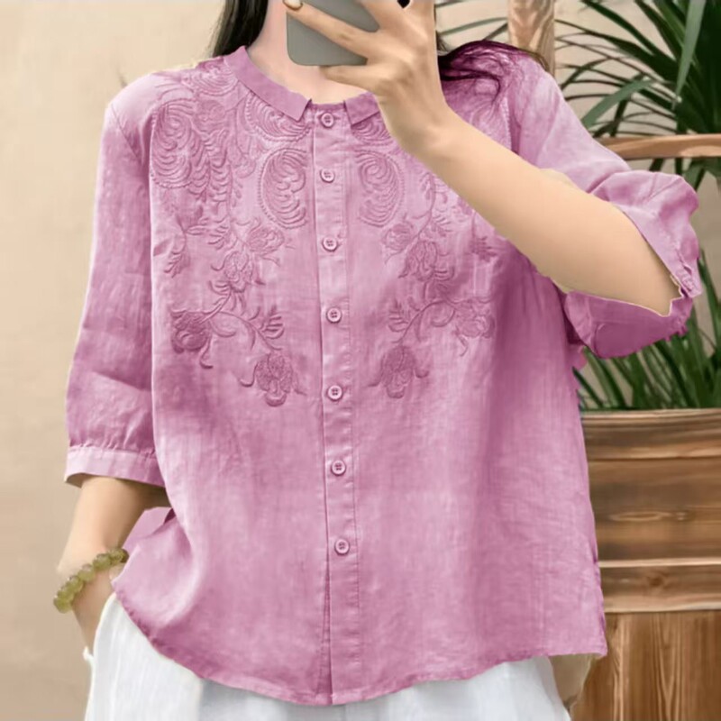 2026 New Style Ramie Embroidered Shirt for Women, Loose-Fitting, Artistic Retro Top, New Chinese Style, Mom's Wear, Spring and Autumn Style 2026 New Style Ramie Embroidered Shirt for Women, Loose-Fitting, Artistic Retro Top, New Chinese Style, Mom's Wear, Spring and Autumn Style