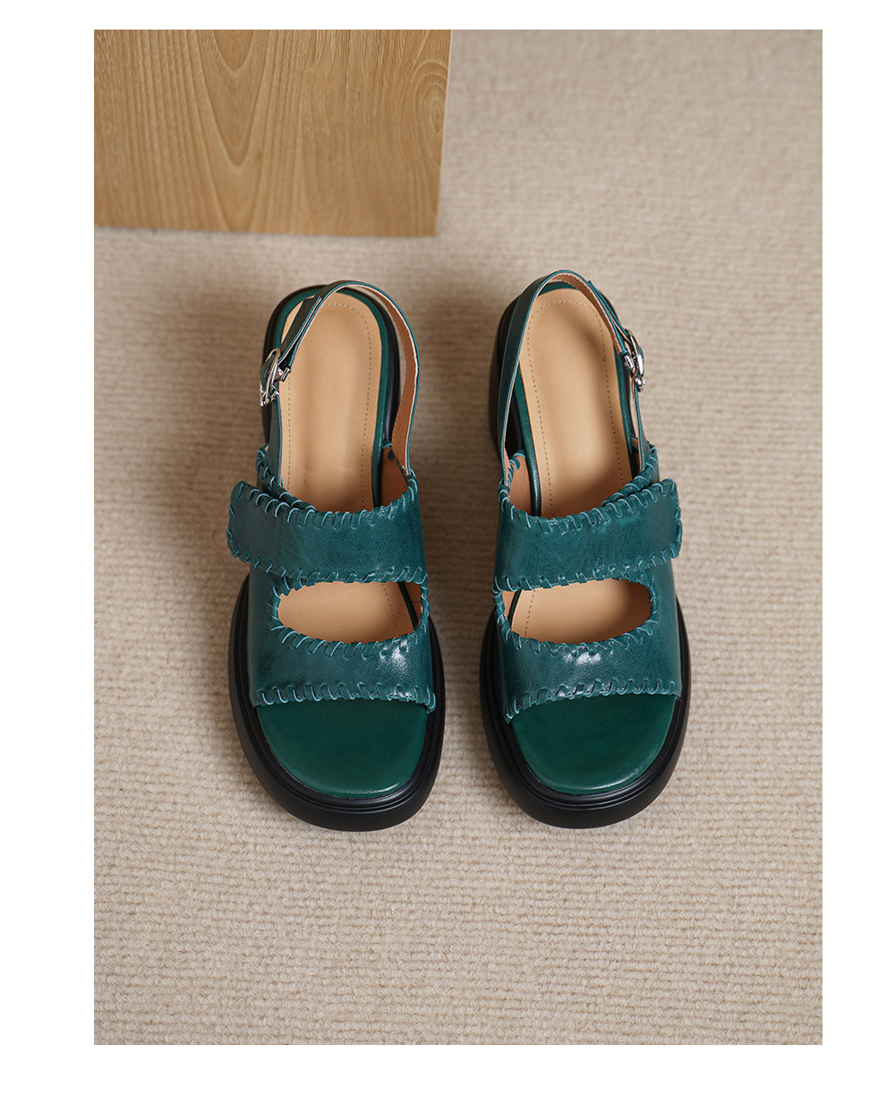 Sandal cao gót nữ hở mũi da bò gót vuông 8 cm đế dày — đen chi tiết 11