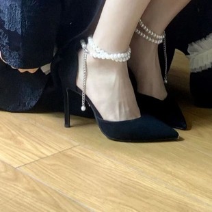 French Style Black High Heels Women's Chunky Heel 2024 New Fairy Style Spring and Autumn Design Sense Niche Elegant Mid-heel Single-layer Shoes