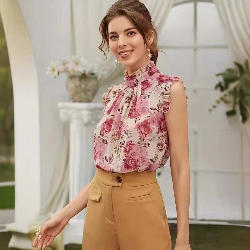 2024 European and American Independent Station wish Amazon ebay Women's Floral Print Elegant Sleeveless Ruffled Shirt