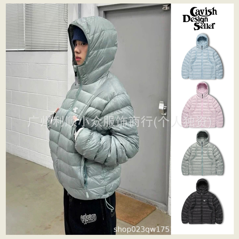 In-Stock Soomi Same Style Cavish down Jacket for Women, 90% Gray Duck Down, Ribbed Hooded, Warm and Lightweight Coat, 25Fw