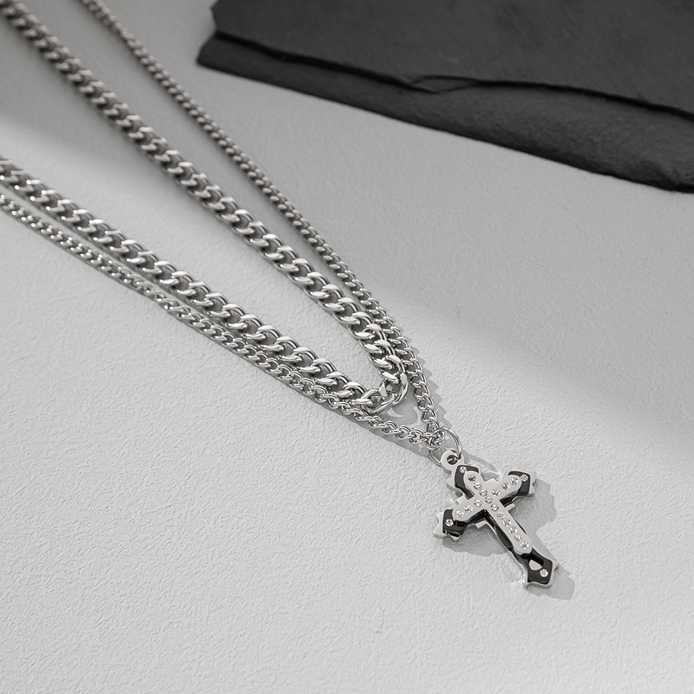 Layered Necklaces Classification curb chain Chain Type Hip-hop Cross Stainless Steel Inlay Rhinestones Layered Necklaces