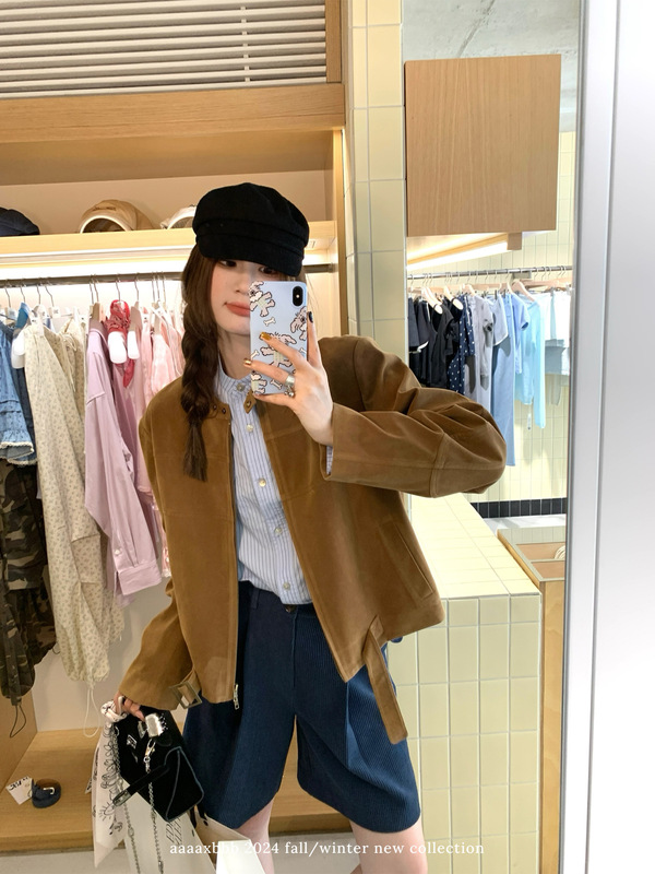 aaaaxbbb 紫罗兰海岸 定染长袖粉色皮衣外套显瘦垫肩棕色上衣春秋|undefined