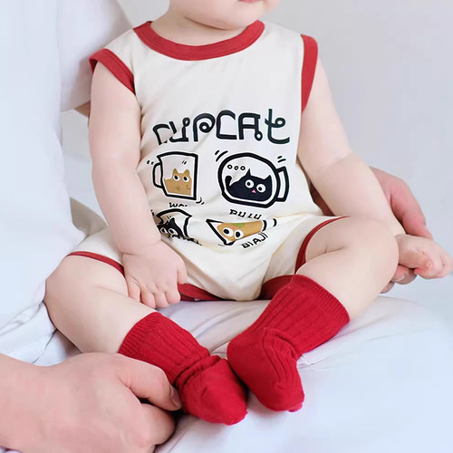 Baby jumpsuit summer coffee cat wide-shoulder sleeveless climbing suit Baby clothes Home clothes Newborn climbing suit