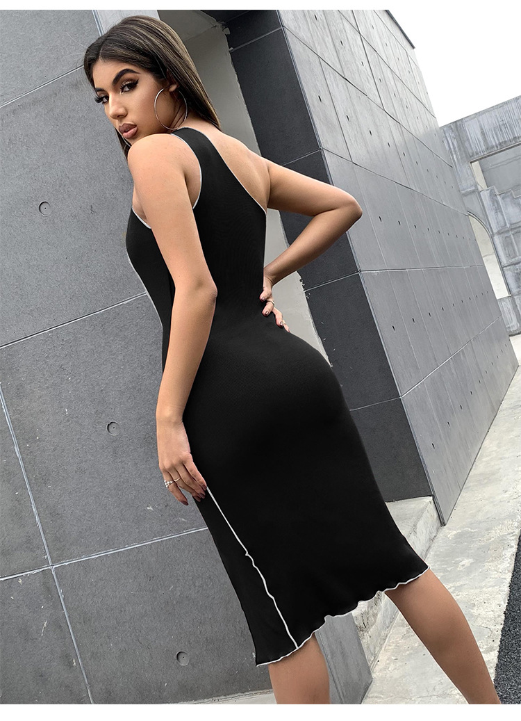 slanted shoulder sleeveless slit slim backless dress NSLIH132335