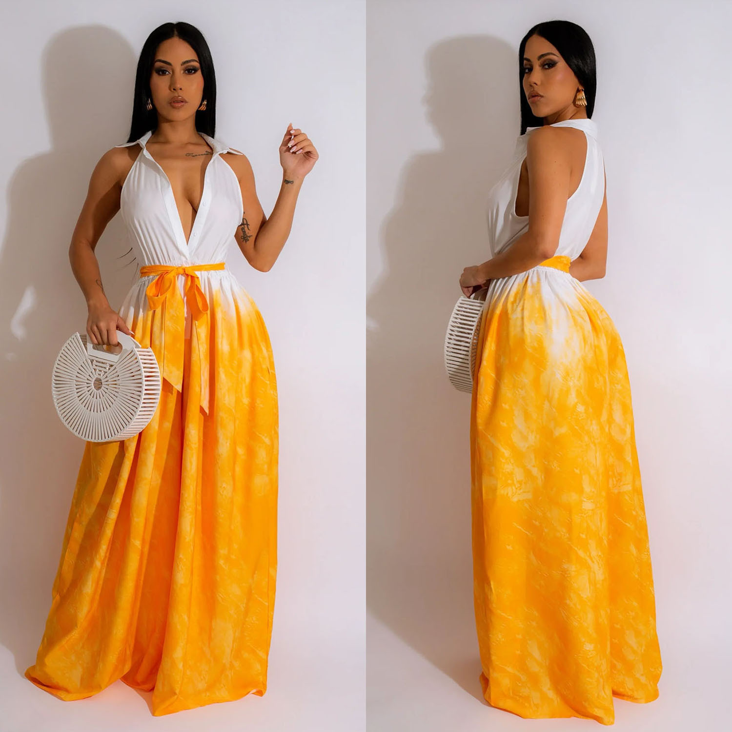 Moda de mujer C6351 Aliexpress transfronterizo Amazon impresión europea y americana sin mangas corbata en V pantalones de piernas anchas