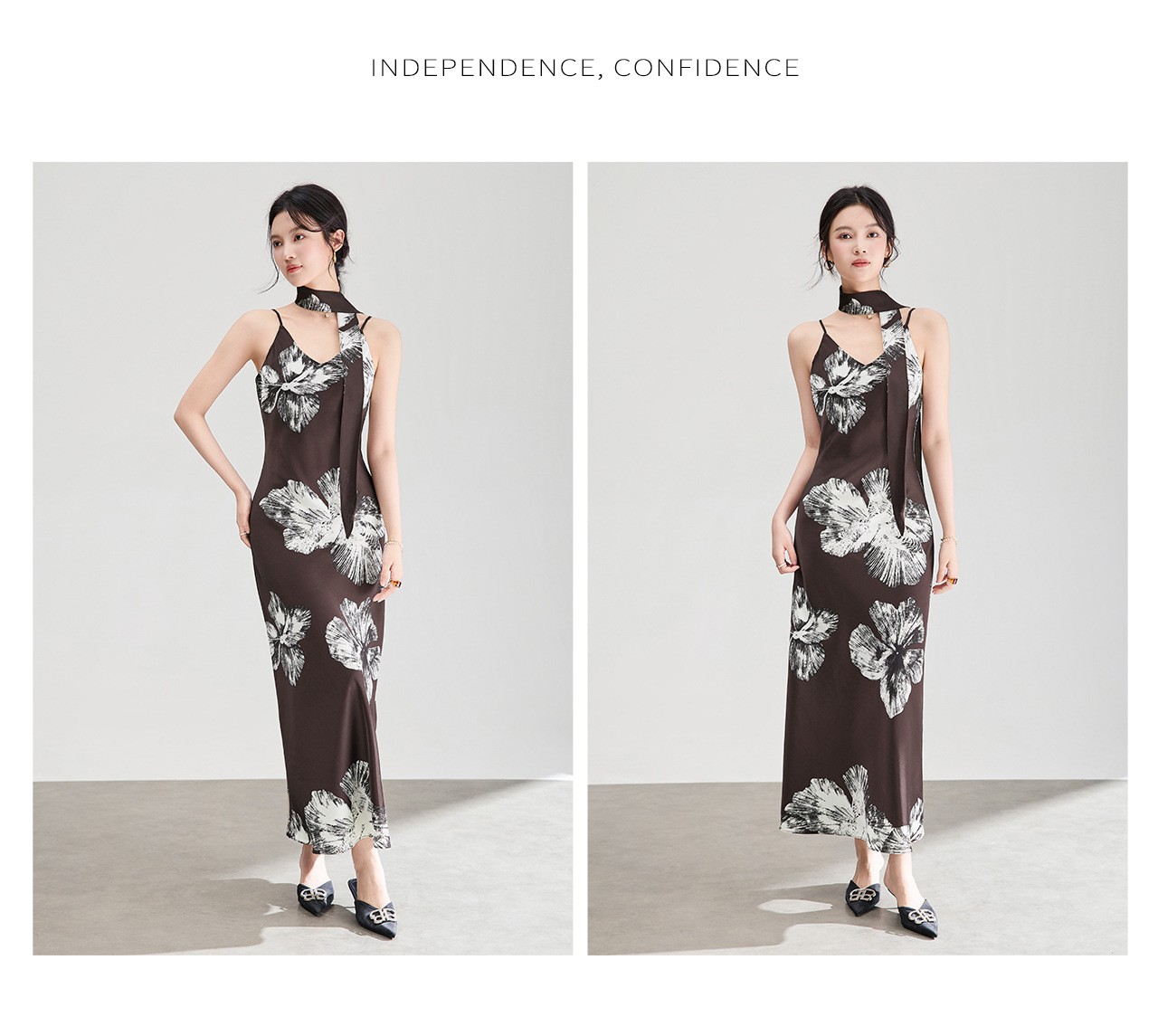 Váy dây satin họa tiết hoa nhỏ buông nhẹ mùa hè — màu xám chi tiết 13