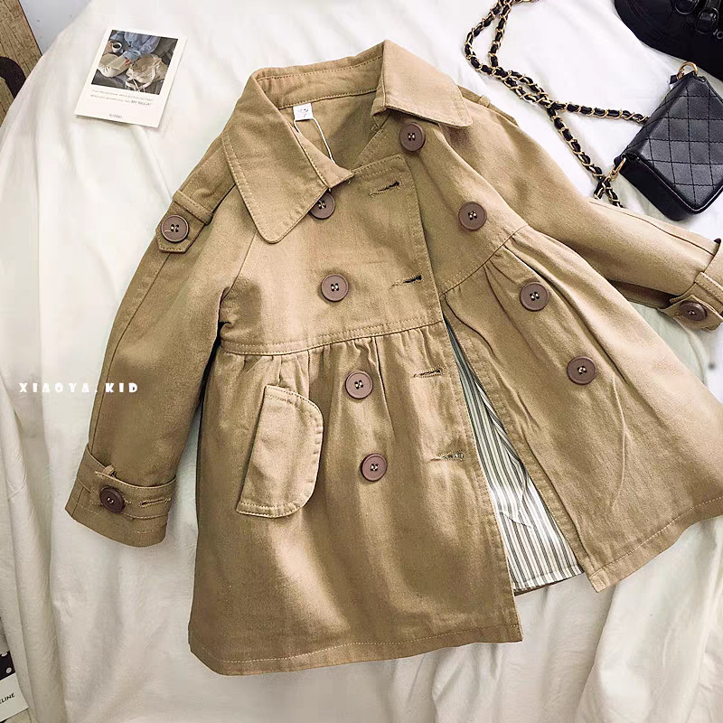 Spring and Autumn Girls' Trench Coat, Stylish and Trendy Korean Style, Double-Breasted, Mid-Length, Lapel Coat