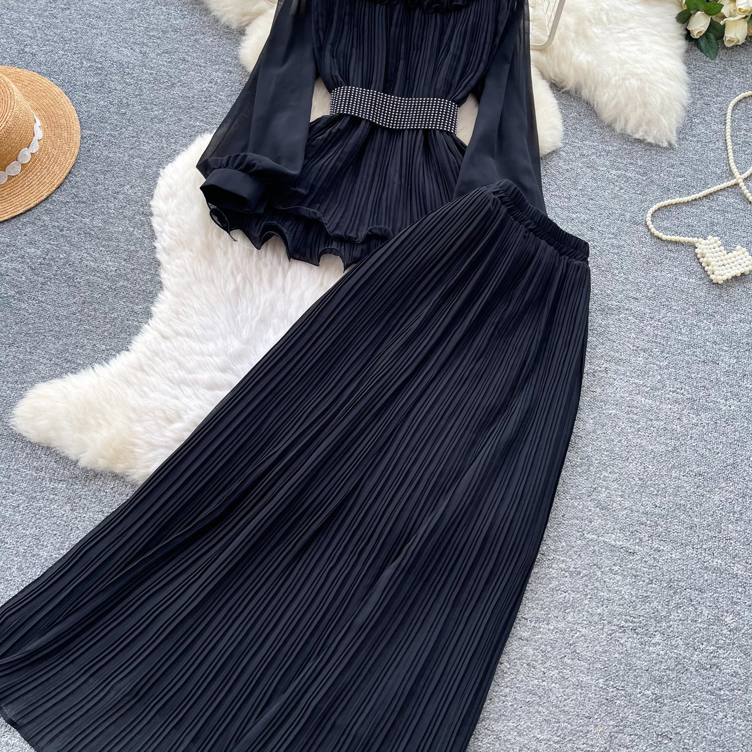 French Office Style Purple Lantern Sleeve Belted Ruffle Midi Dress For Women | Autumn Elegant Two-Piece Set_ecoleips.com