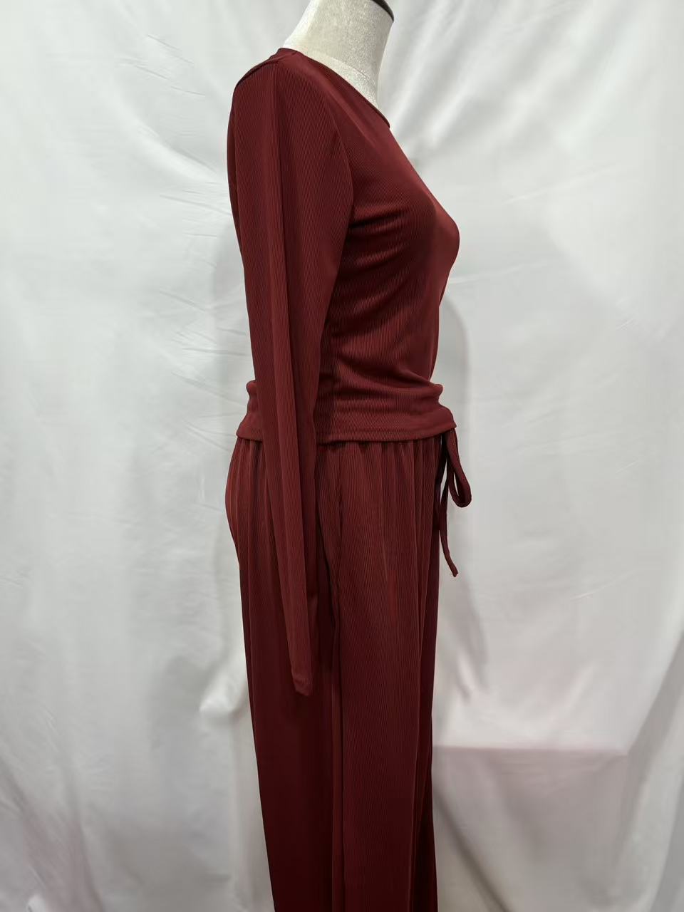 European American Cross-border Solid Color Ribbed Two-piece Set: Slim-fit Short Long-sleeve Top And Drawstring_ecoleips.com