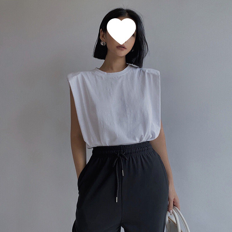 Personalized Outerwear with a Right-Angle Design, Sleeveless Vest with Shoulder Pads, Sports Summer T-Shirt for Women, Base Top