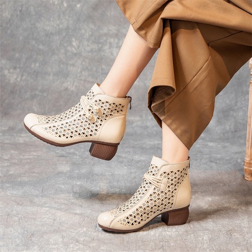 2025 Ethnic Wind Tunnel Slip-on Boots for Girls, Spring Summer, Top Layer Calfskin, Medium Heel, Mother-in-law's Cooling Boots, Outer Wear, Hollow Short Boots for Women