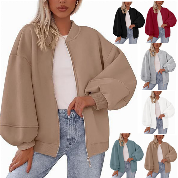 Amazon 2025 Autumn and Winter Cross-Border European and American Women's Casual Warm Jacket Baseball Collar Long-Sleeved Pure Color Zipper Style