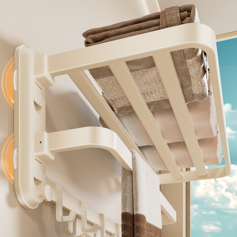 Suction Cup Folding Bath Towel Rack Bathroom Punch-Free Cream Style Toilet Rack Bathroom Storage Rack Storage Towel Rack