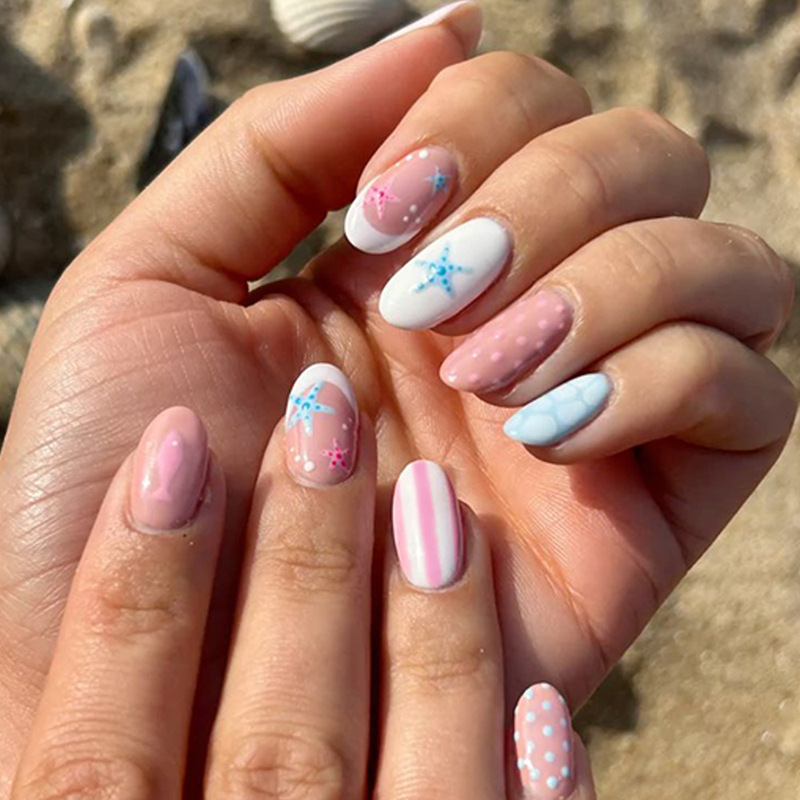 Cross-Border Summer Starfish Beach Nail Art Polka Dot Stripe French Style Wearable Nails Summer Vibe Cute Short Fake Nails Cross-Border Summer Starfish Beach Nail Art Polka Dot Stripe French Style Wearable Nails Summer Vibe Cute Short Fake Nails