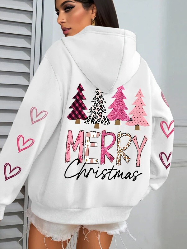 Merry Christmas, Pink Tree Print Women's Hoodie Full Matching Autumn Hoodie Casual Loose Set