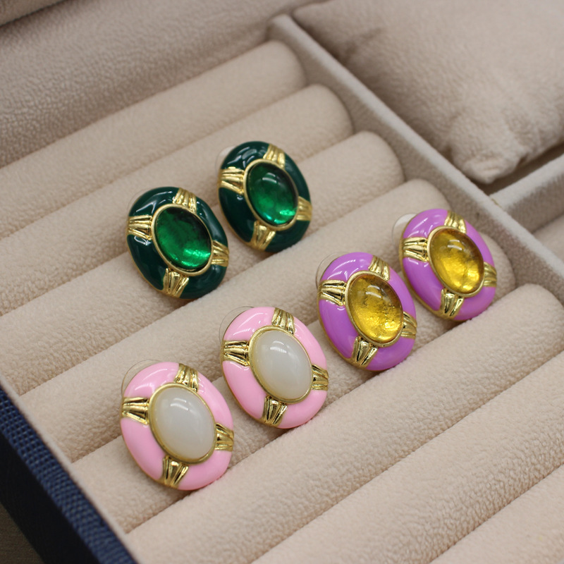 Retro Oval Alloy Inlay glass Womenu0027S Ear Studs 1 Pair