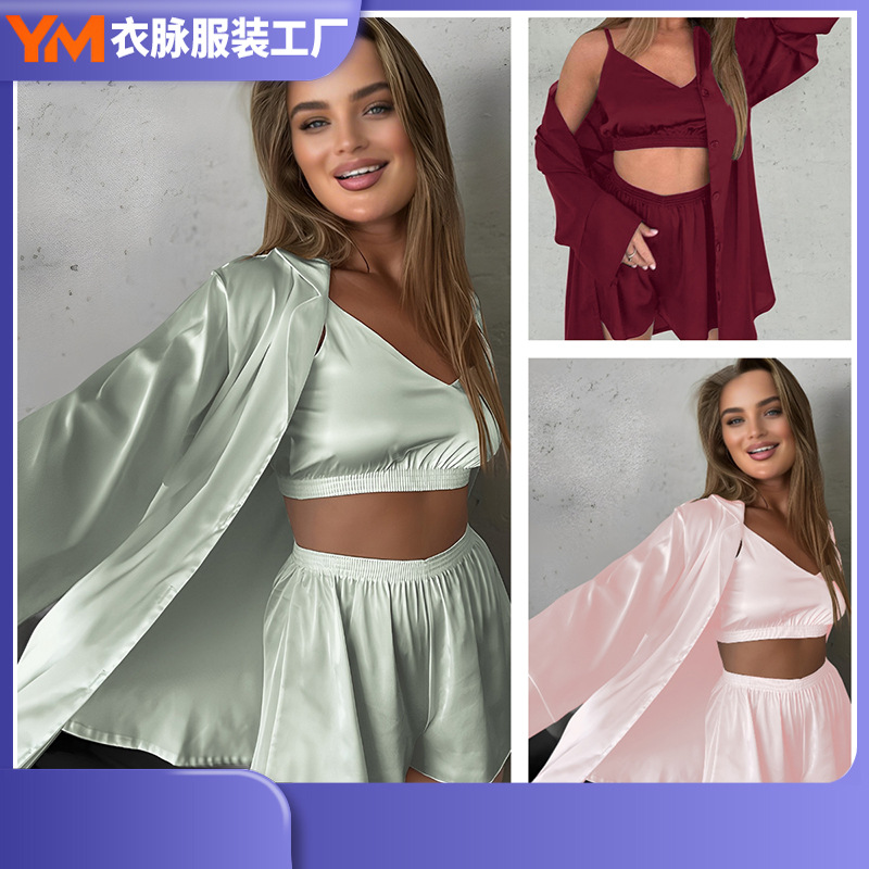 Nuevo estilo transfronterizo europeo y americano sexy top tirantes pantalones cortos de tres piezas textura de seda albornoz de manga larga ropa de hogar al por mayor