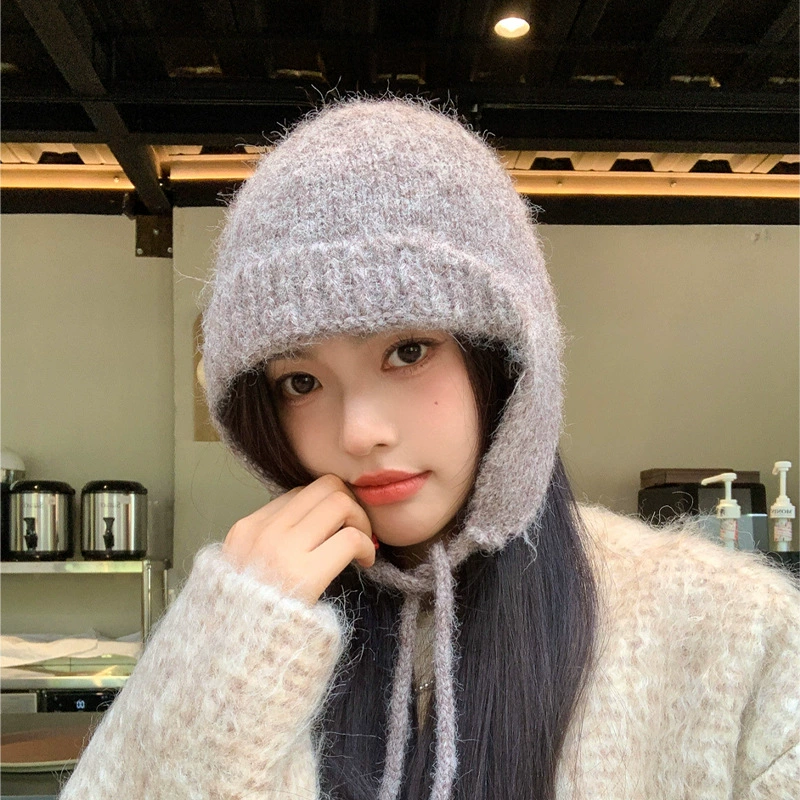 Шапка из твида (вязанный полушерстяной) Demi-Season с ушной защитой, корейский стиль, серый/мока/черный