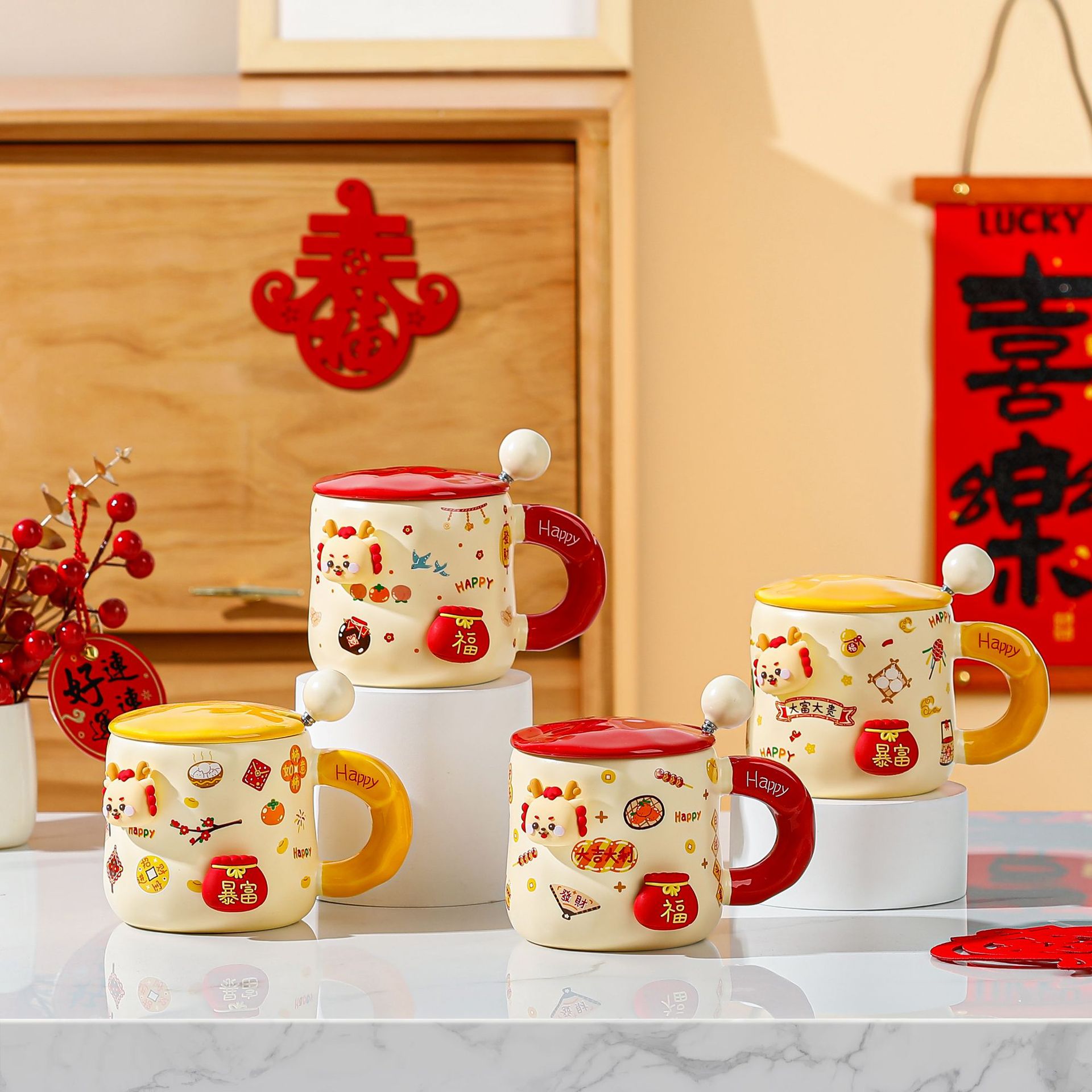 Regalo creativo taza de Año Nuevo con tapa cuchara Año del Dragón de cerámica taza de agua taza de café festivo de alta apariencia Taza de BRICOLAJE