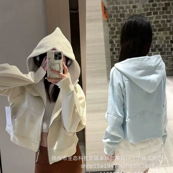 LULU Embroidered Original Scuba Sweatshirt, Loose Fit, Full Zip, Hooded Yoga Sports Jacket, Fleece Lined, Warm Top