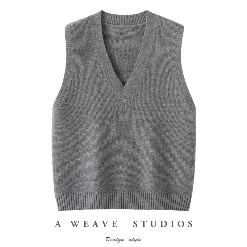 100 Pure Wool Vest Women's V Neck Pullover Sleeveless Knitted Wool Vest Pure Color Simple Layered Loose Vest