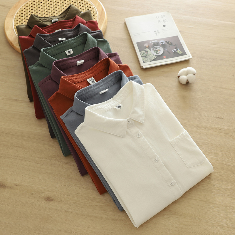 Factory Direct Sales Pure Color Basic Pure Cotton Long-Sleeved Women's Shirt Japanese Style Casual Neutral Style Women's Shirt 156