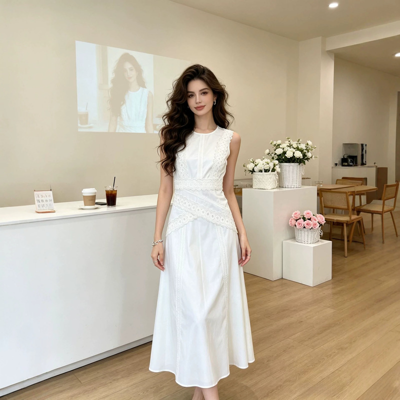 Nanyou Quality French Lace White Dress 2026 Summer Gentle Style Waist-Cinching Slimming Mid-Length A-Line Flared Skirt