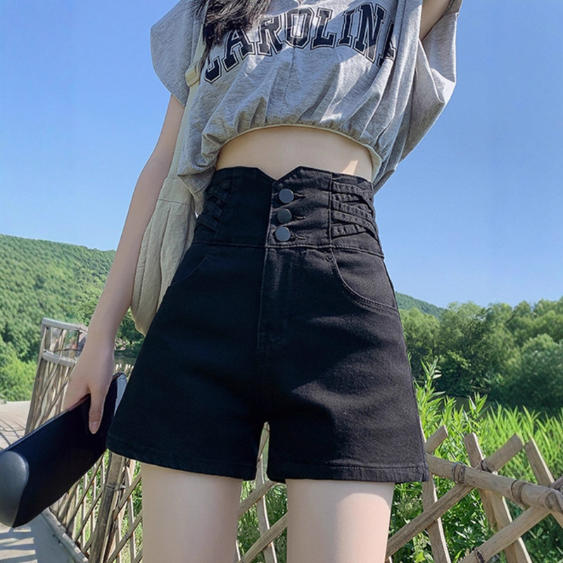Stretch Black Denim Shorts for Women, Spring and Autumn, Plus Size, for Chubby Women, Buttoned, Tummy Control, Ultra-High Waist, Wide-Leg, A-Line Hot Pants Stretch Black Denim Shorts for Women, Spring and Autumn, Plus Size, for Chubby Women, Buttoned, Tummy Control, Ultra-High Waist, Wide-Leg, A-Line Hot Pants