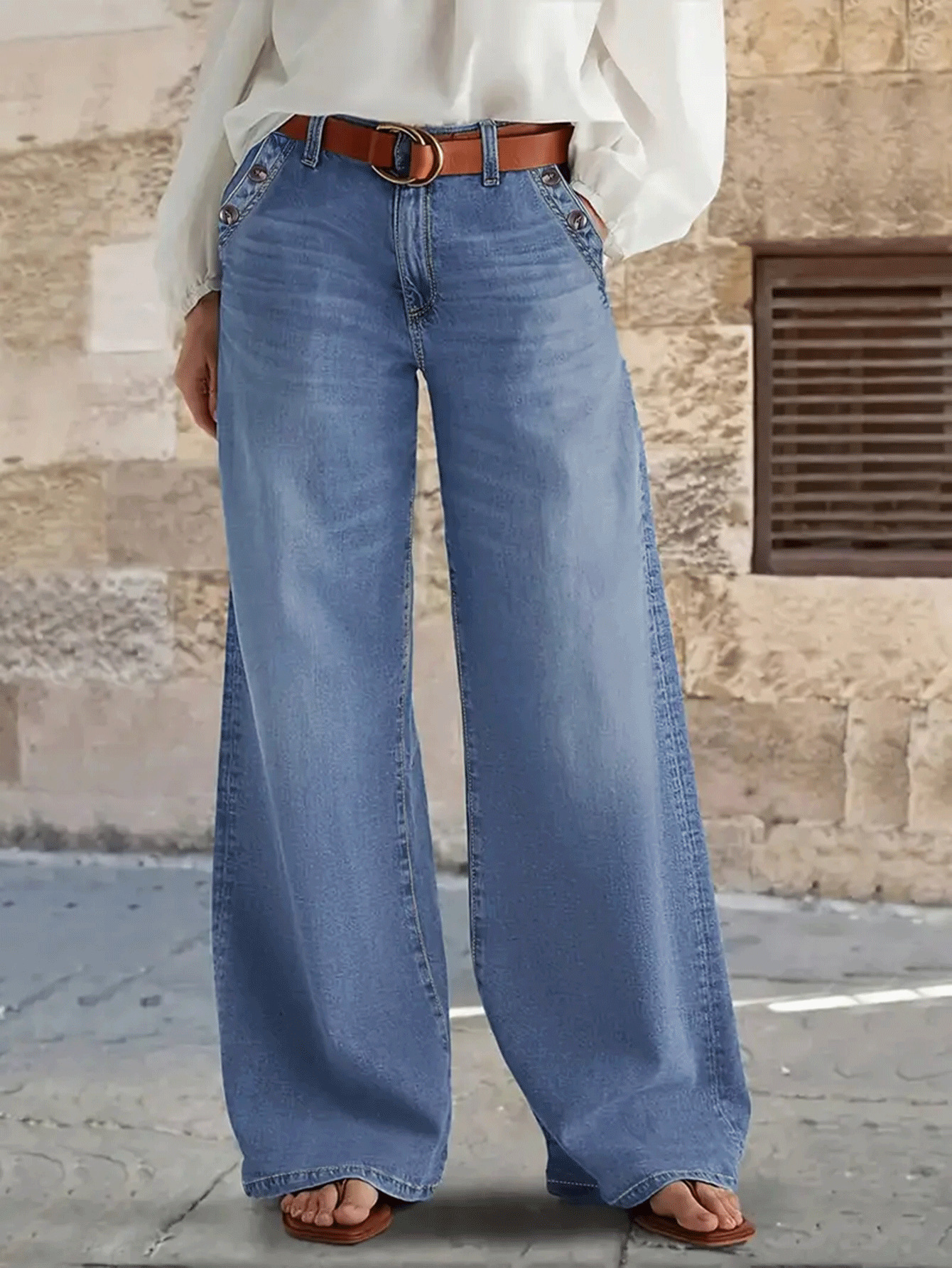 Dam wide leg jeans retro stil med hög midja och lös passform_voghion.com