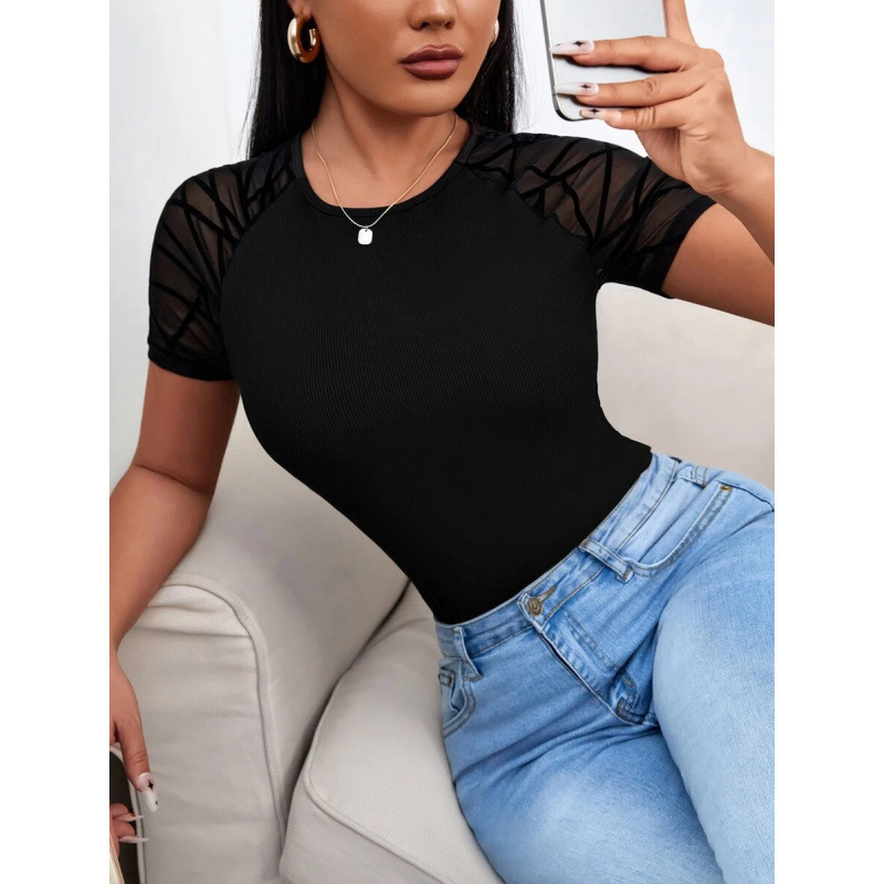 H 23975 Cross-Border Export Dropshipping Geometric Mesh Raglan Sleeve T-Shirt Printed T-Shirt Women's Tops