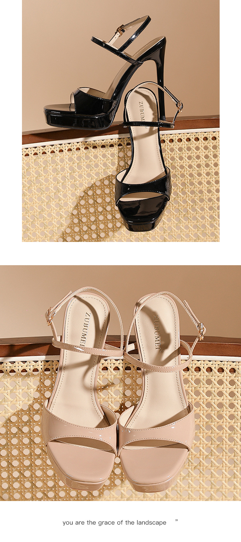 Sandal cao gót nữ quai ngang hở mũi gót nhọn 14 cm đế xuồng — Hồng nude-14cm chi tiết 8