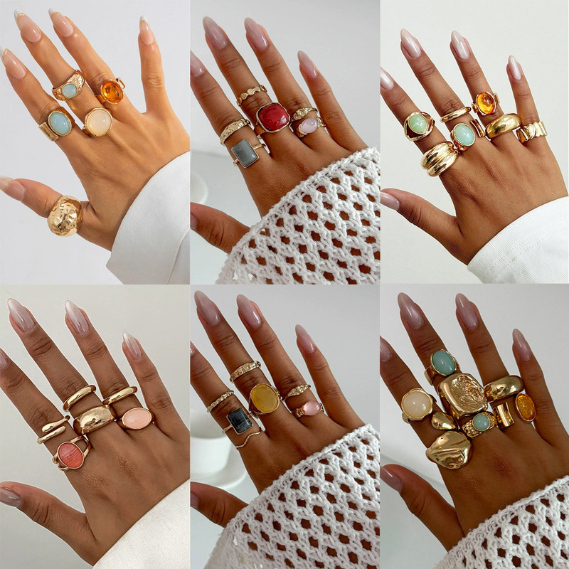 European and American Cross-border Jewelry Fashion Sense Inlaid Acrylic Ring Light Luxury Irregular Alloy Ring New Product