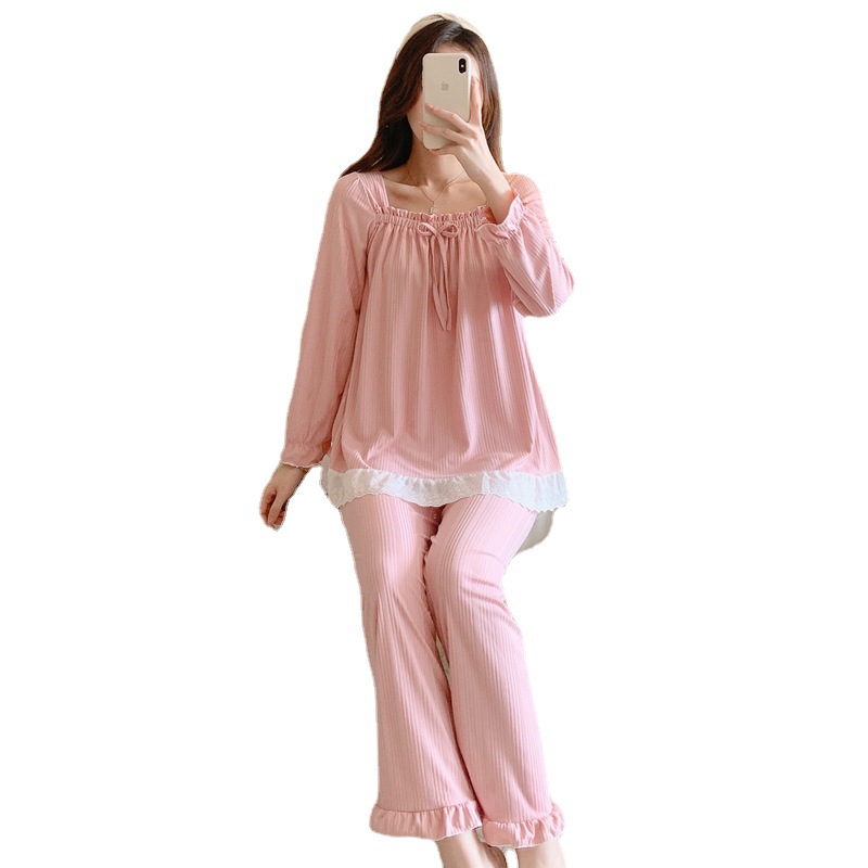 Otoño nuevo pijama de mujer fuera del cuello de seda de leche pantalones de manga larga color sólido dulce lindo traje de casa se puede usar fuera