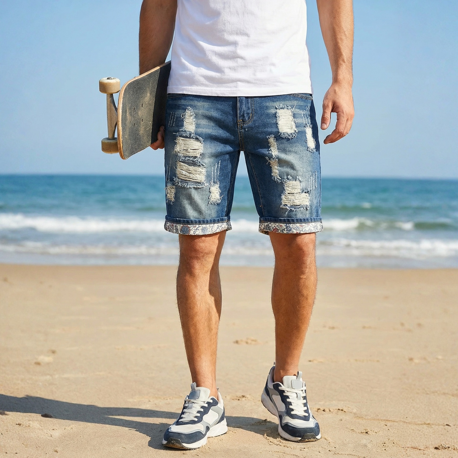 Men's Trendy Ripped Patched Denim Shorts Mid-Length Street Style Summer Riding Breeches Trade Hot Selling_mkmklike.com