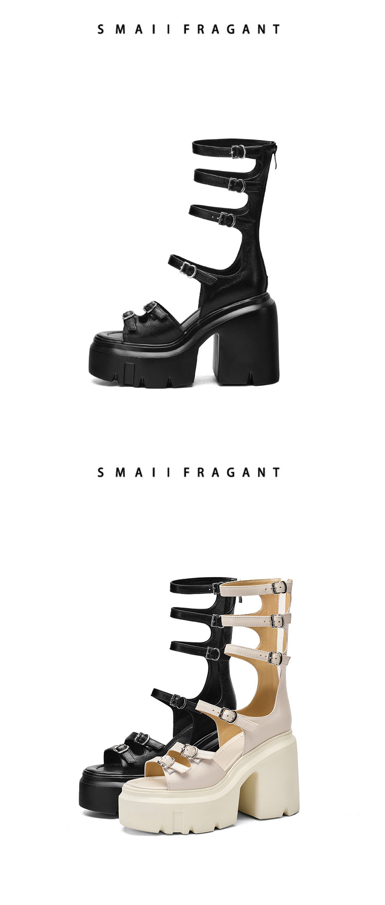 Boot sandal nữ cổ thấp đế dày gót 12 cm khóa thắt lưng — Màu đen chi tiết 13