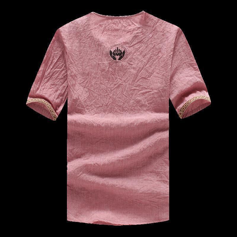 Verano con cuello en V de manga corta de los hombres de algodón transpirable y lino camiseta casual versátil media manga de los hombres retro camiseta delgada superior