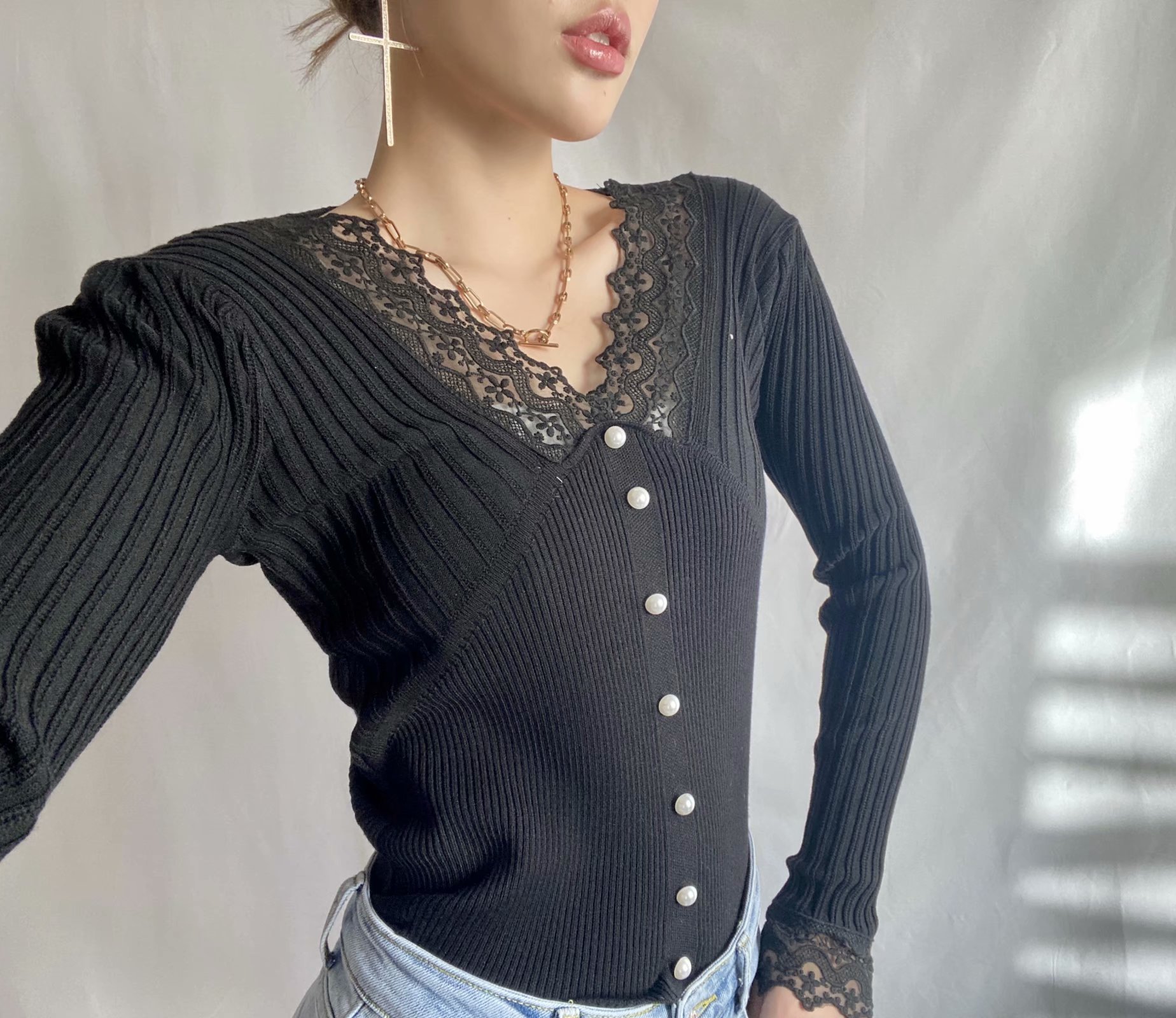 lace v-neck tight-fitting bottoming pullover sweate  NSAM30513