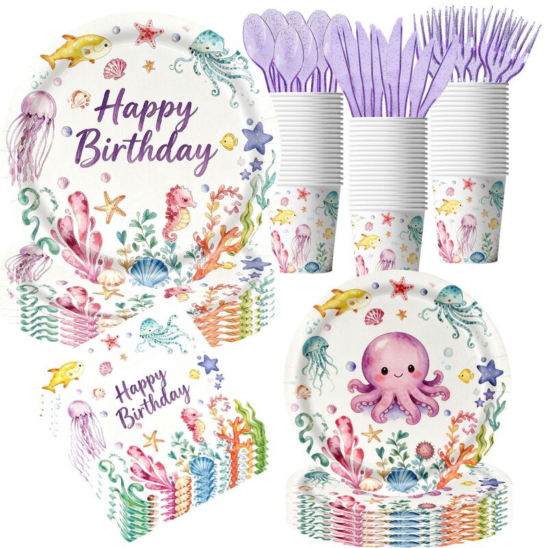 Amazon Underwater World Theme Decorative Tableware Set Ocean Shells Starfish Disposable Party Decoration Tablecloth