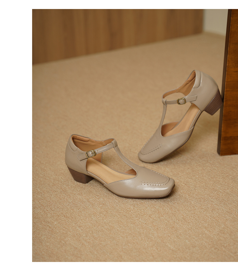 Sandal nữ cao gót mũi nhọn quai chữ T da cừu, gót 5 cm — đen chi tiết 13