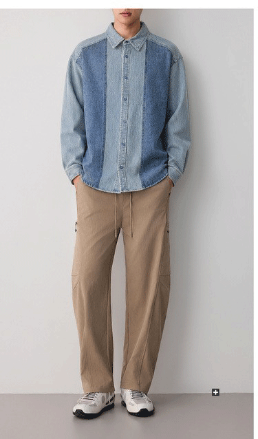 Áo sơ mi denim nam tay dài phong cách cổ điển sọc nối — Cao bồi xanh chi tiết 11