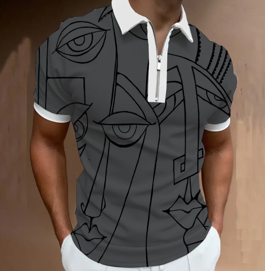 Camiseta Polo de Manga Corta con Cierre y Estampado 3D Informal para Hombre, Nueva Colección de Primavera para Exportación