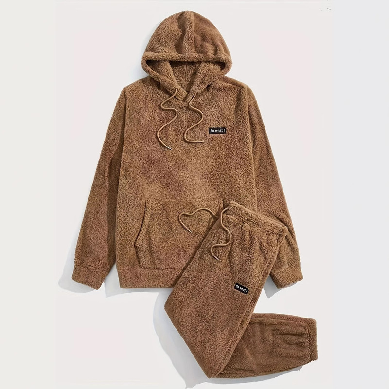 Autumn and Winter Lamb Wool Hooded Suit for Men, Fleece Sweatshirt + Trousers Two-Piece Set, Warm Home Casual Suit