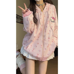 女童秋冬刺绣猫咪可爱碎花新款日系开衫宽松卫衣连帽运动外套上衣