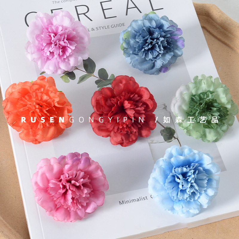 Flores de simulación de claveles de flores de cabeza de flores de boda casera acompañante regalo de mano decoración con tela de seda DIY flores artificiales