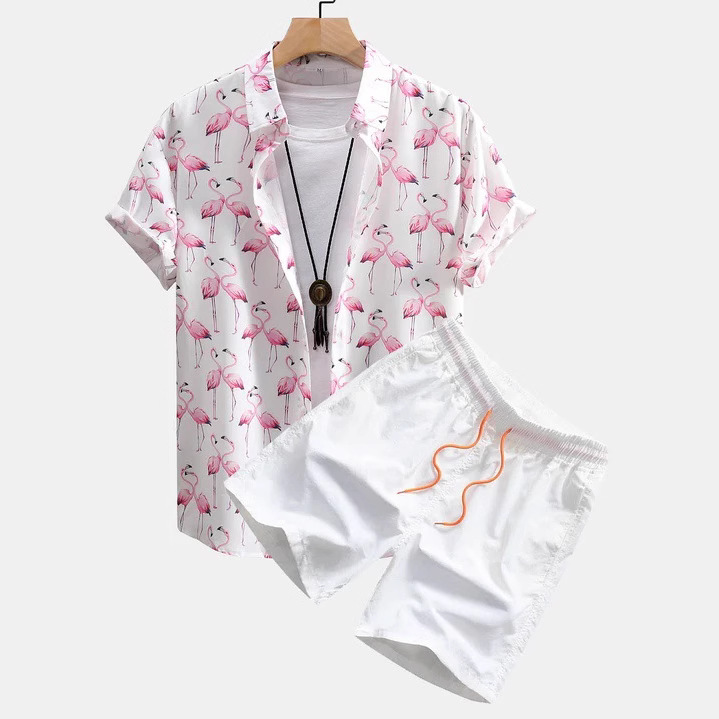 여름 3D 디지털 프린트 남성용 고급 통근 셔츠 자카드 반팔 비치 바지 공급 캐주얼 스포츠 슈트