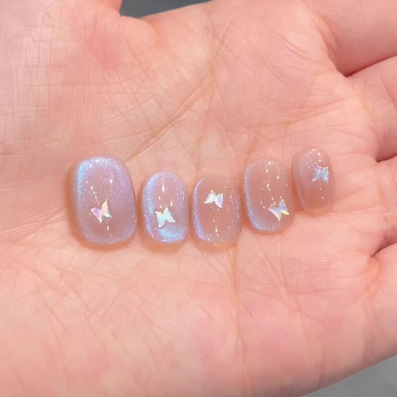 [Blue Tears] 2026 New Style Blue Cat-Eye Handmade Wearable Nails in Nude Color, Elegant and Complexion-Enhancing Short Finished Nail Art