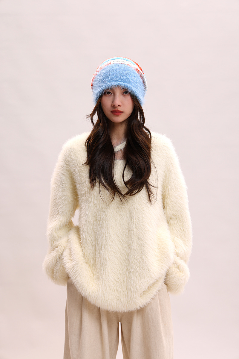 Cappello di lana per bambini, lavorato a maglia, con filato di piume femminili, impilato, che mostra il viso, piccolo calore autunnale e invernale, freddo cappello di lana, maschile_voghion.com