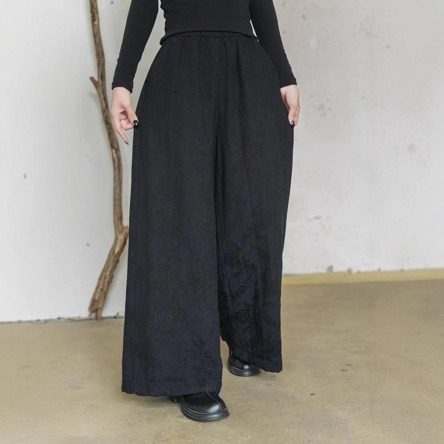 2025秋新款阔腿裤暗纹提花民族风棉裤休闲棉麻加厚保暖女裤